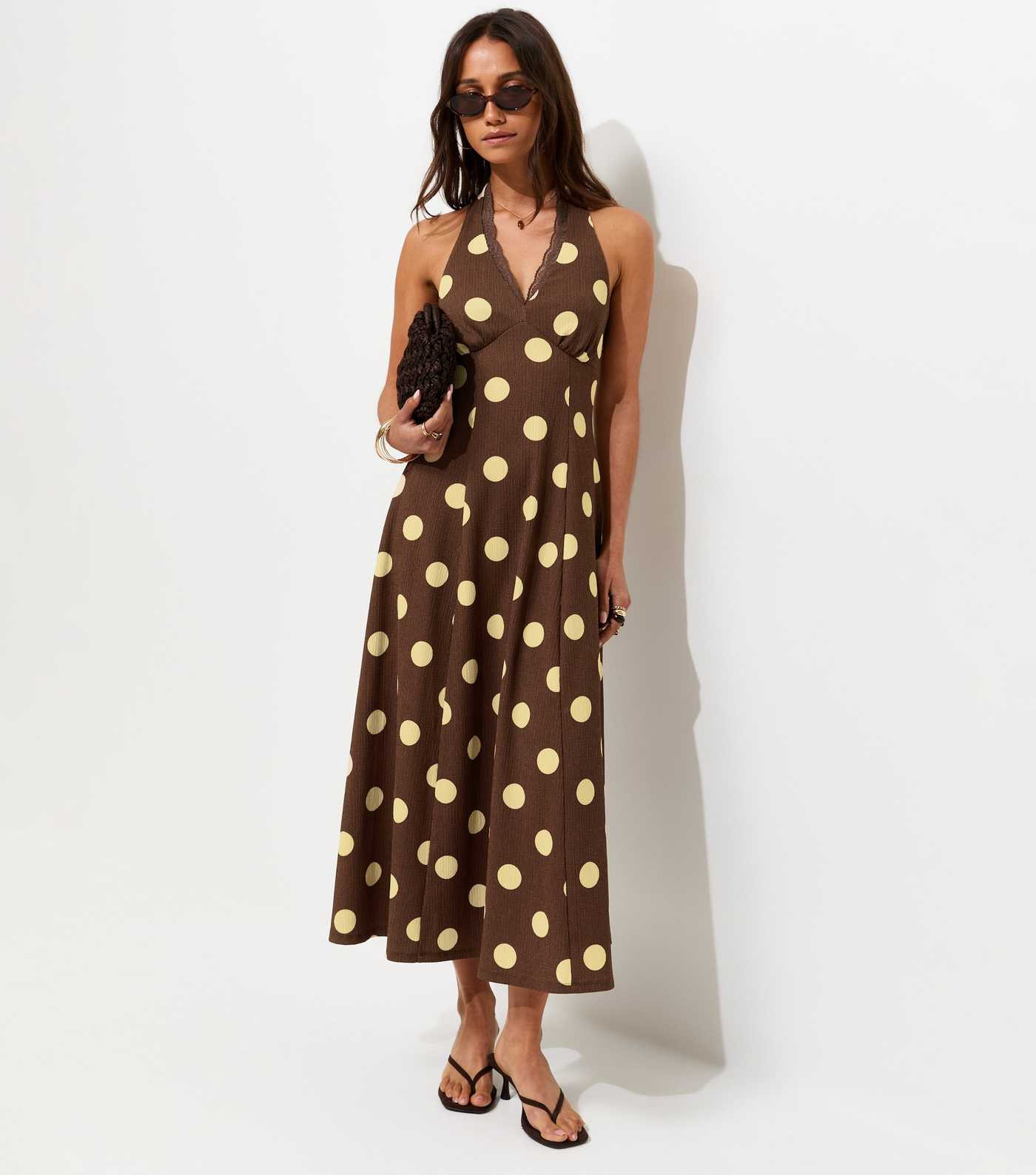 Dark Brown Polka Dot Halter Neck Midi Dress | New Look | New Look (UK)