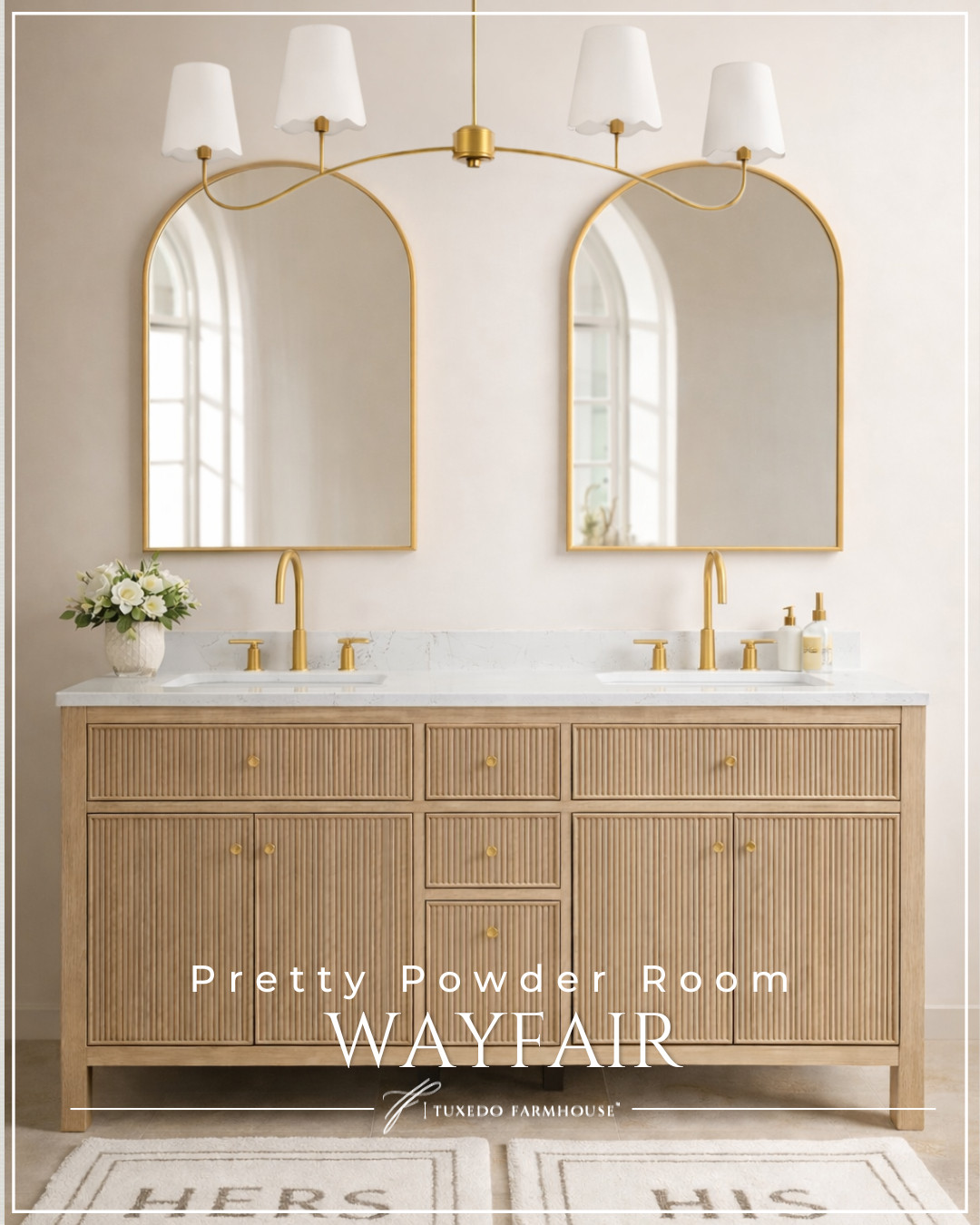 Pretty Powder Room ✨

Loving the warm, elevated feel of this vanity setup. The fluted wood double vanity, tall arched mirrors, and soft brass lighting create such a timeless look, while the “his & hers” rugs add the sweetest finishing touch. It’s the perfect blend of modern elegance and cozy neutrals.


#LTKHome #WayfairFinds #BathroomDesign #PowderRoomStyle #NeutralHome #LTKFinds 

 