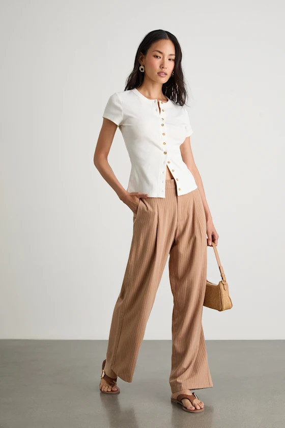 Siyana Tan Pinstriped Linen Straight Leg Trouser Pants | Lulus