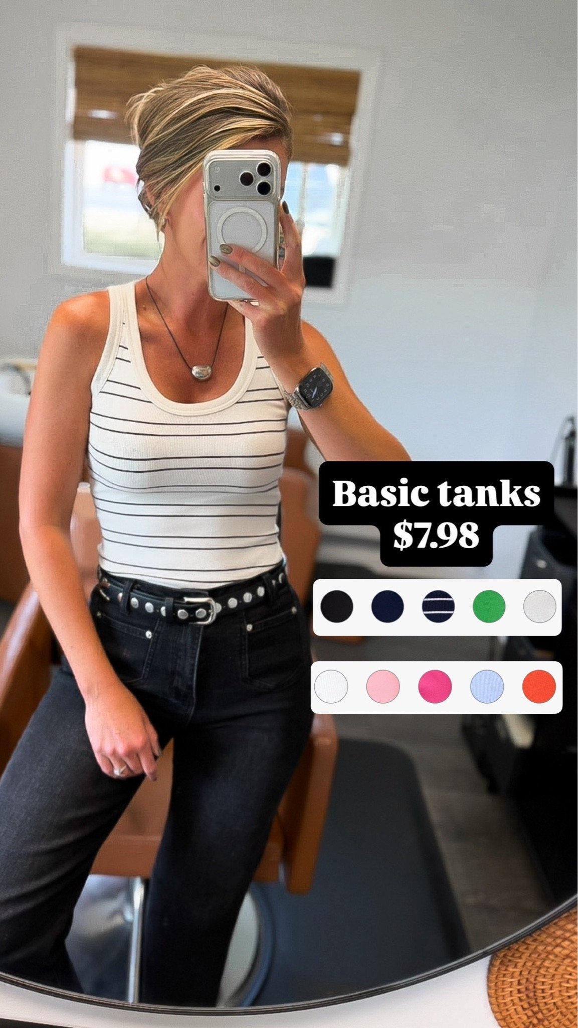The best basic tanks. Soft and GREAT stretch. 
Tank/ XS (sized down for fitted look)
Jeans/6

#LTKSeasonal #LTKOver40 #LTKootd