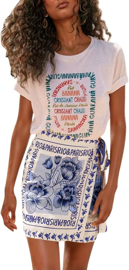 CHARTOU Women's Summer Floral Print Wrap Short Skirt Knot Side High Waist A Line Beach Mini Skirt | Amazon (US)