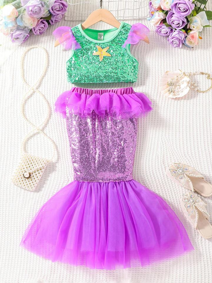 Young Girl Sequin Decor Ruffle Trim Mesh Hem Party Tank Top & Skirt | SHEIN