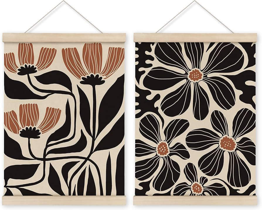 Boho Black Flowers Hanger Frame Set of 2, Botanical Wall Art, Boho Floral Poster Wall Art with Wo... | Amazon (US)