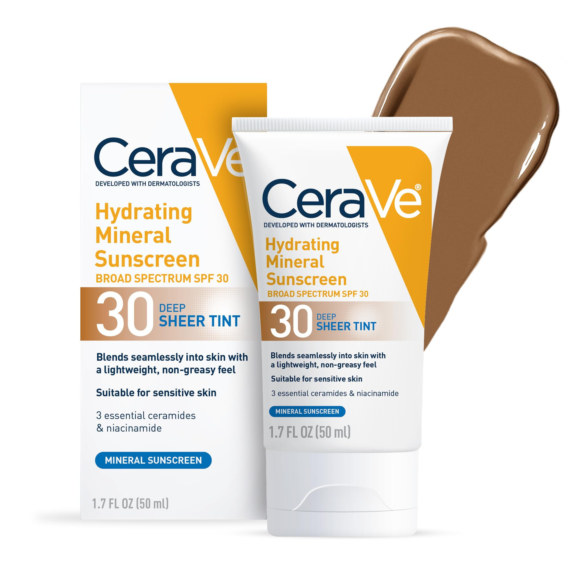 CeraVe Hydrating Mineral Sunscreen SPF 30 with Sheer Tint, Tinted Mineral Sunscreen with Zinc Oxi... | Amazon (US)