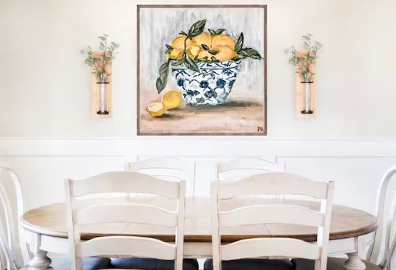 Lemon Bowl Art Print, Chinoiserie vessel, Fruits in Blue and White Bowl, Original Art Print, Farm... | Etsy (US)