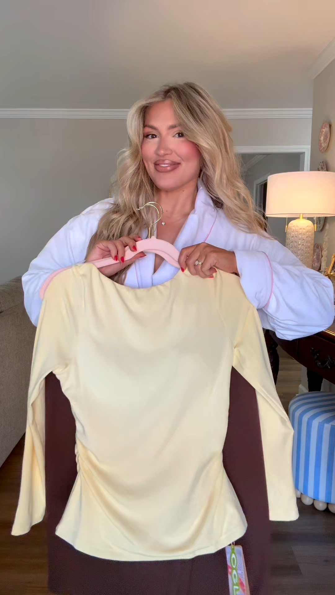 Top: large 
Pants: XL

#LTKMidsize #LTKBump #LTKWorkwear