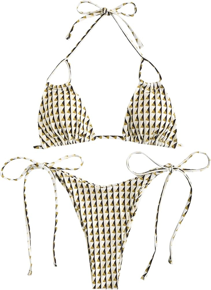 ZAFUL Womens Printed Triangle Bikinis 2 Piece Halter Bikini Sets High Cut Bathing Suit Side Tie S... | Amazon (US)