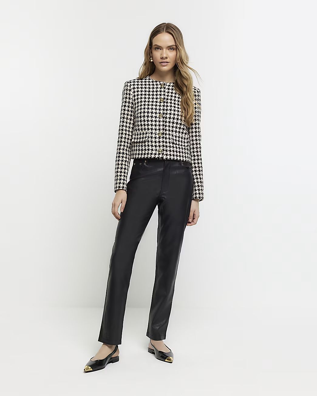 Black faux leather straight trousers | River Island (US)