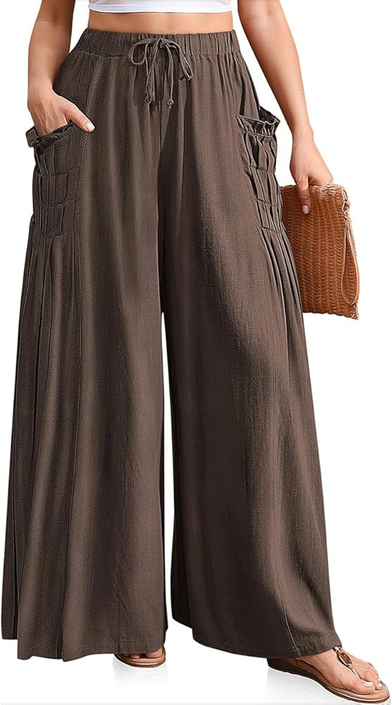 TARSE Women Linen Palazzo Pants Summer Wide Leg Boho Drawstring Casual Lounge Pant Beach Travel V... | Amazon (US)