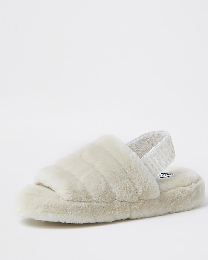 Cream RI branded faux fur slippers | River Island (UK & IE)