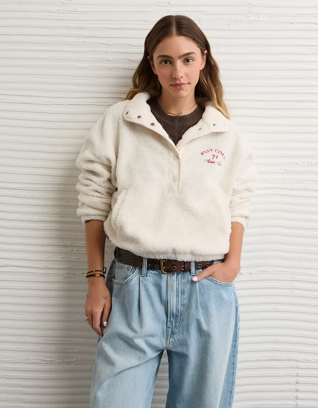 AE Sherpa Fleece Graphic Henley Sweatshirt | American Eagle Outfitters (US & CA)