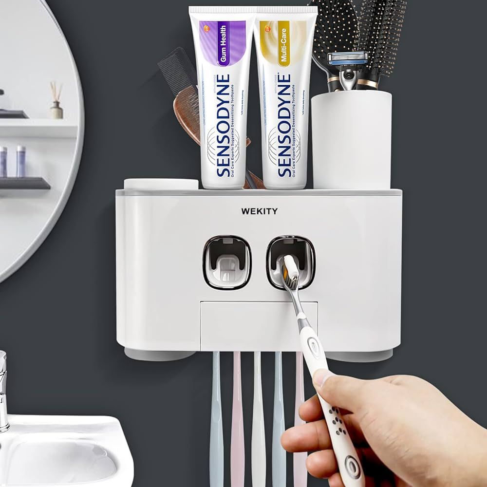 Toothbrush Holder Wall Mounted, WEKITY Multi-Functional Toothbrush and Toothpaste Dispenser for B... | Amazon (US)