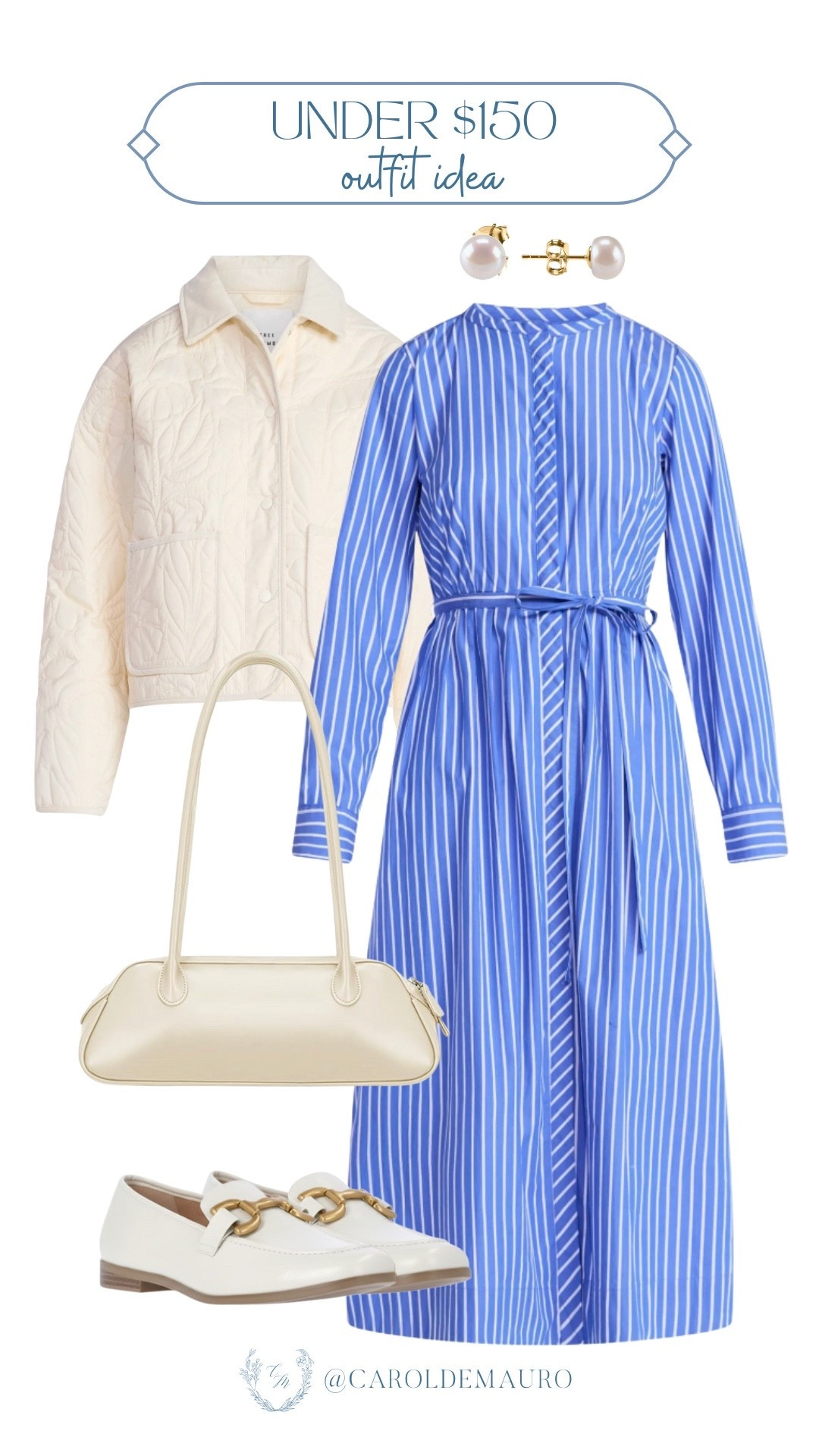 Who says you can't achieve a classy and old-money look for under $150? Because this outfit idea is it! Style a blue striped belted shirt dress layered with a white floral quilted jacket, and white loafers. Add classic pearl earrings and a leather shoulder bag to complete the look.

preppy look, modest outfit, coastal grandmother style, pinterest vibes, weekend wear, polished outfit, classy style, blue and white

#LTKU #LTKSeasonal