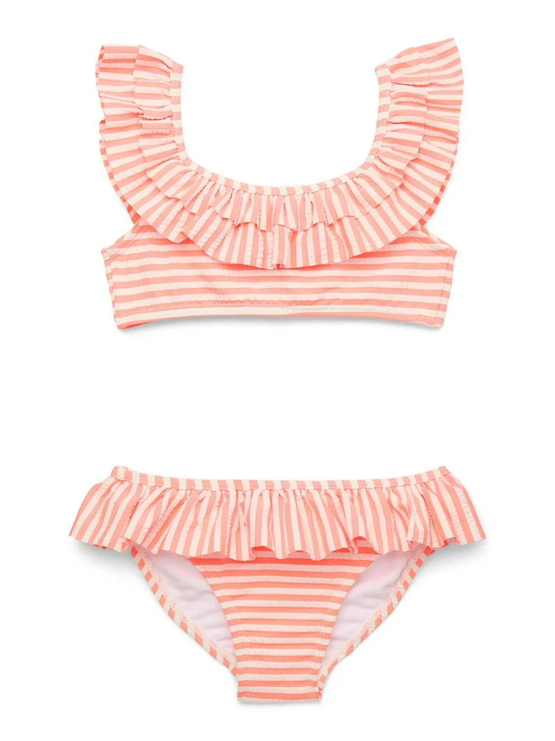 Wonder Nation Girls' Seersucker Ruffle Bikini and Scoop Bottom Swimsuit Set with UPF 50+, 2-Piece... | Walmart (US)