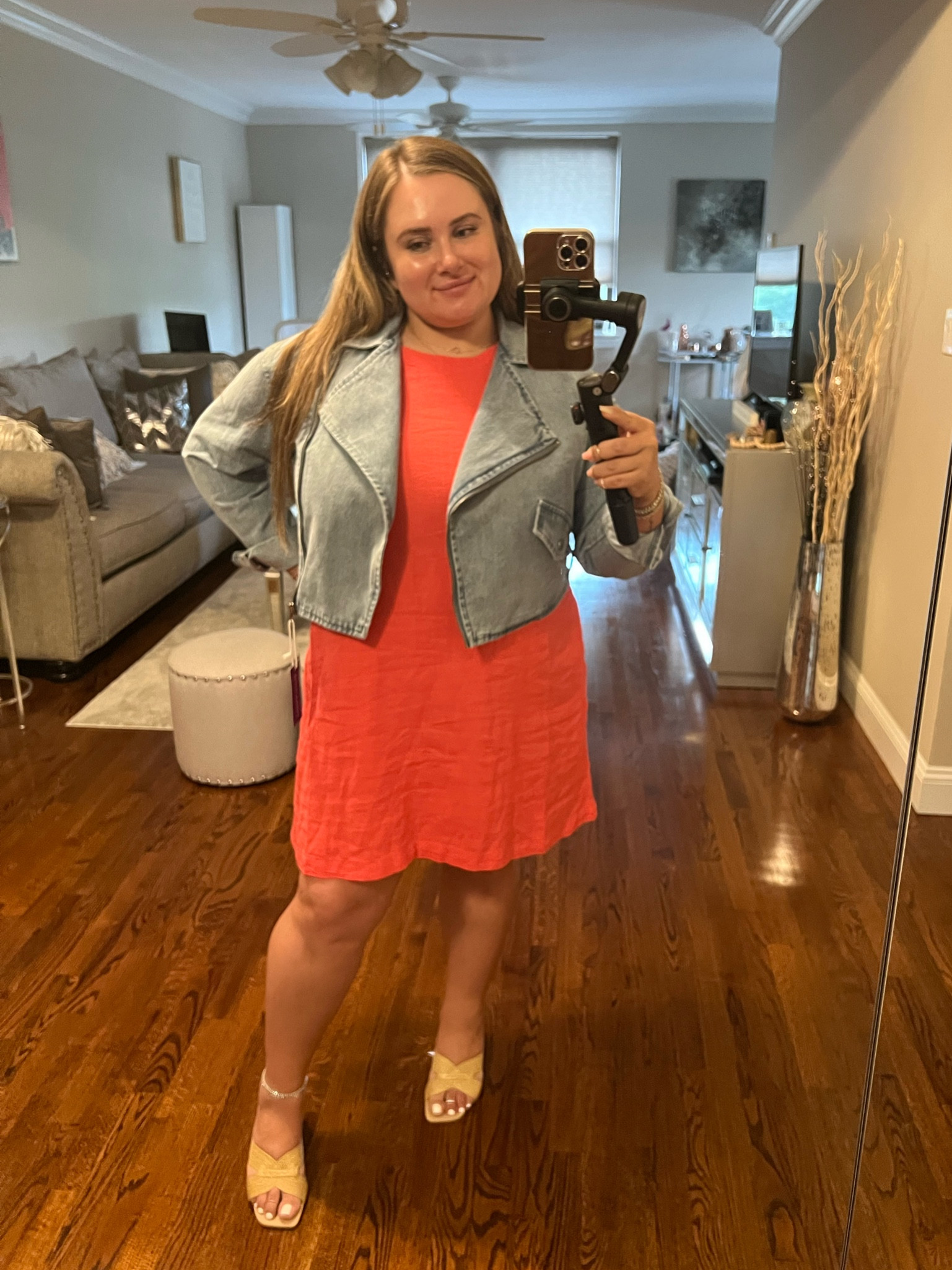 Moto denim jacket 
Linen dress
Target dress
Target shoes
Dolce vita dupe shoes
Coral dress 
Vacation style 

#LTKMidsize #LTKFindsUnder50