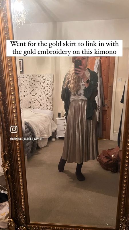 Adding a little gold on an otherwise dull day. #goldpleatedskirt #pleatedskirt #goldskirt #kimono #greenkimono 

#LTKstyletip #LTKFestival #LTKeurope