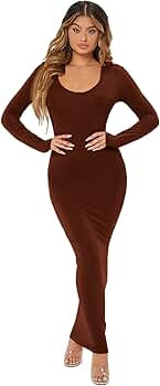Verdusa Women's Solid Long Sleeve Scoop Neck Pencil Bodycon Maxi Dress | Amazon (US)