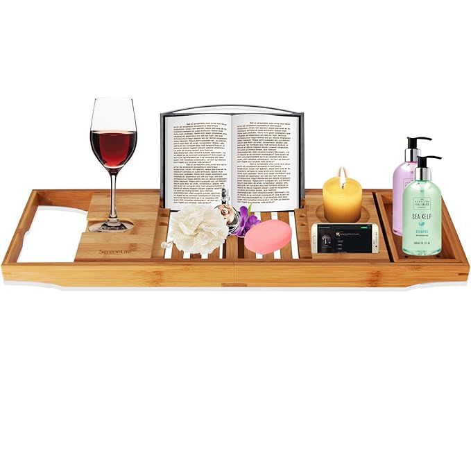 Luxury Bamboo Bathtub Caddy Tray - Adjustable Natural Wood Bath Tub Organizer with Wine Holder, C... | Amazon (US)