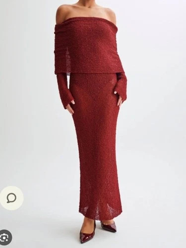 NWT Meshki Plum Marisol Off The Shoulder Boucle Long Sleeve Dress Mesh Sheer | eBay US