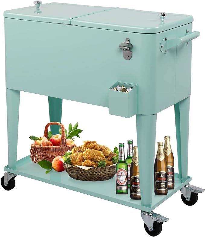 VINGLI 80 Quart Rolling Ice Chest on Wheels, Portable Patio Party Bar Drink Cooler Cart, with She... | Amazon (US)