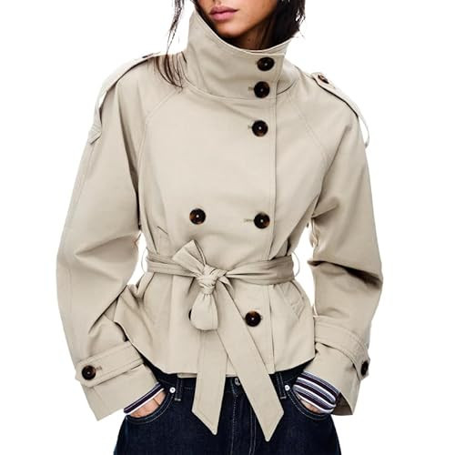 Women's Cropped Trench Coat Double Breasted Short Jacket High Collar Fall Winter Coats Trendy Out... | Amazon (US)