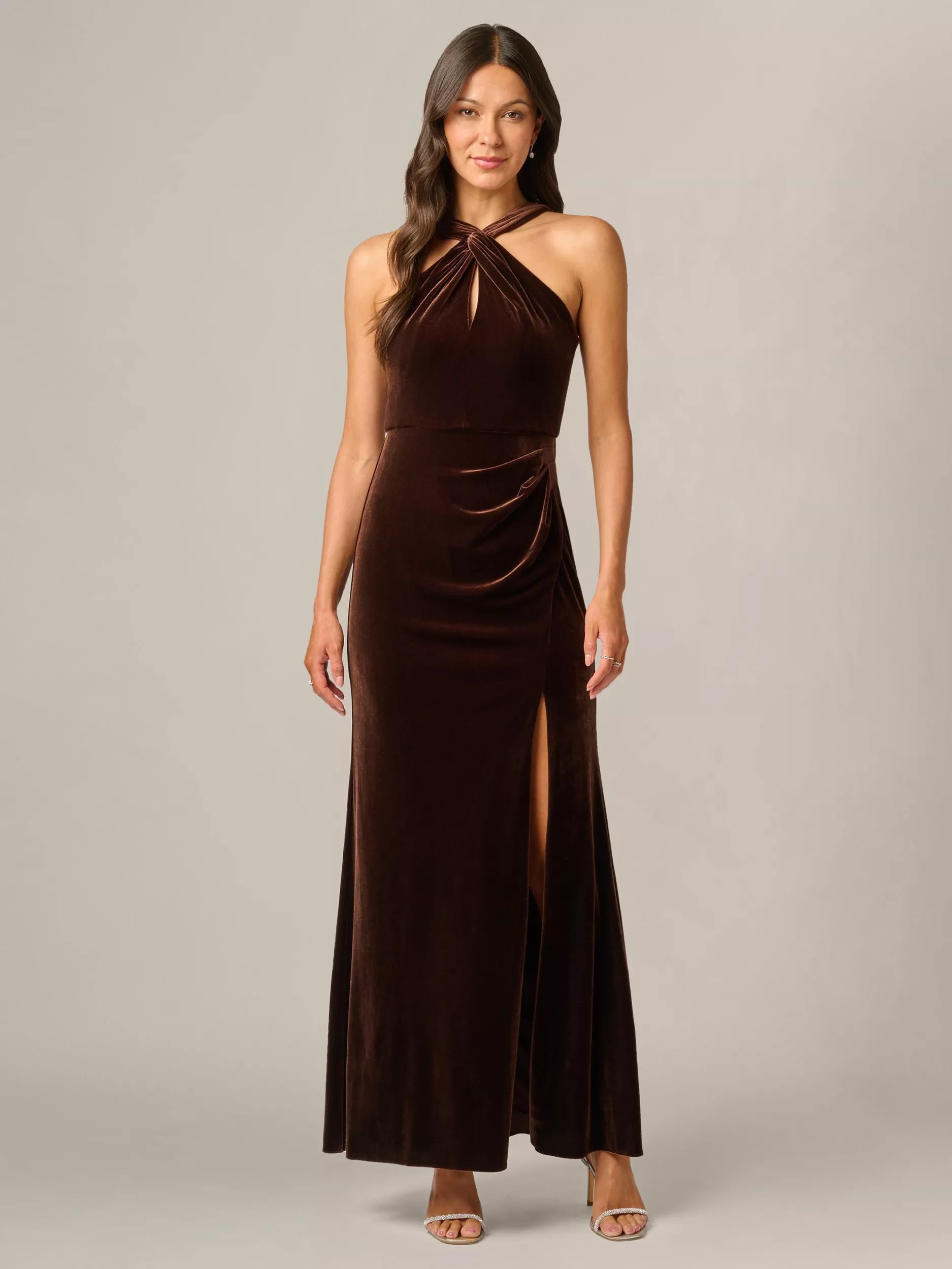 Adrianna Papell Velvet Halter Neck Mermaid Gown, Dark Brown | John Lewis (UK)