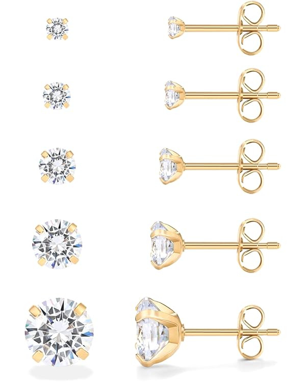 PAVOI 5 Pairs Stainless Steel Stud Earrings for Women | Hypoallergenic Earrings | Premium Cubic Z... | Amazon (US)