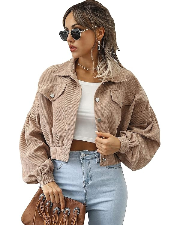 Qiaomai Womens Cropped Corduroy Jacket Loose Button Down Puff Sleeve Shacket Coat | Amazon (US)