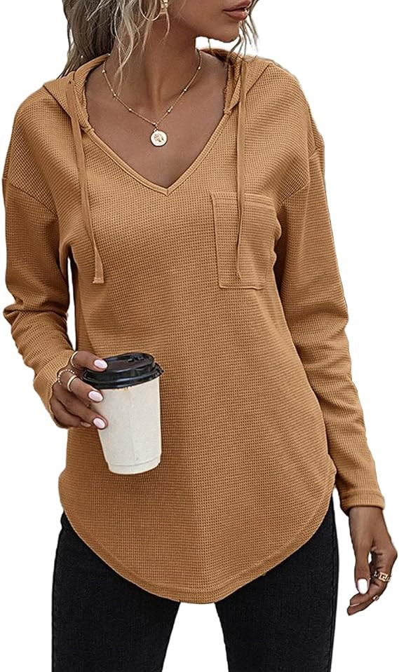 Women's V Neck Hoodies Long Sleeve Sweatshirt Drawstring Pullover Tops with Pocket | Amazon (US)