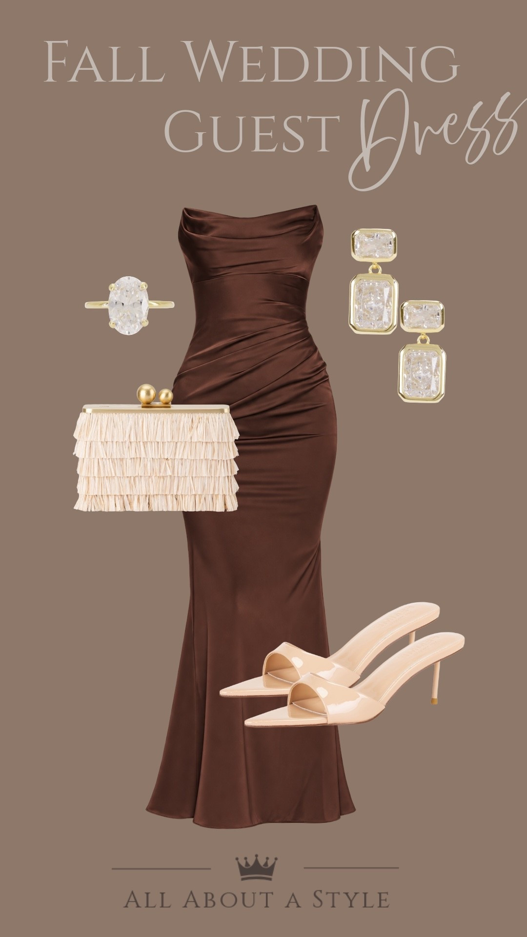 YOUR PLUS-ONE LOOK, SORTED. 🤎

Chocolate satin and soft draping bring the elegance. Nude heels, an ivory fringe clutch, and gold accents lighten the look for a timeless fall wedding pairing.

Consider your wedding guest outfit handled. 👊🏻

Shop the complete look on my LTK. 

#FallWeddingGuest #WeddingGuestOutfit #ChocolateBrownDress #FallOccasionWear
