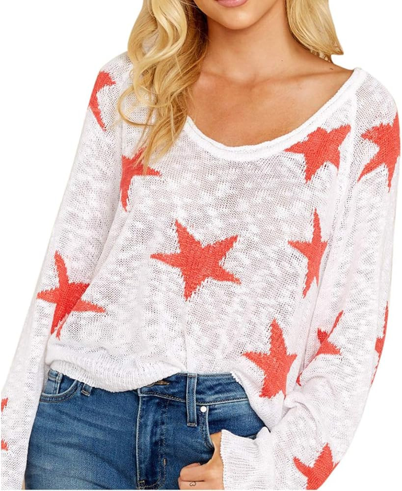 Fixmatti Women Sheer Sweater One Shoulder Star Printed Knit Shirts Top | Amazon (US)