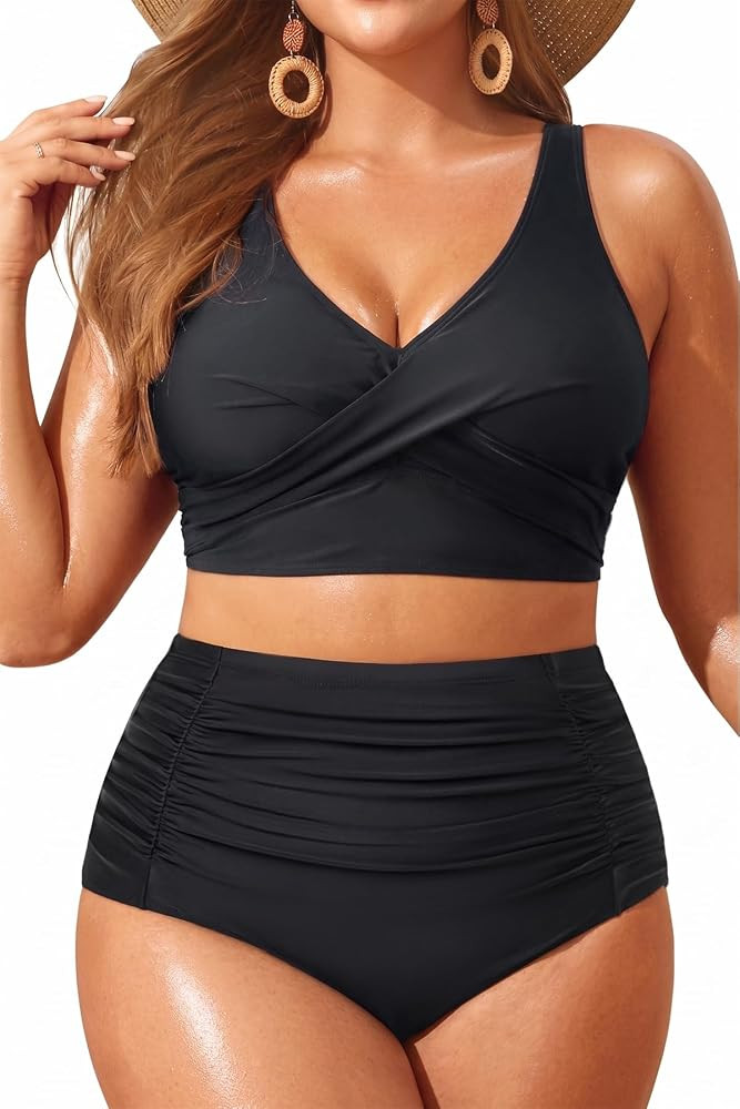 Women Plus Size Two Piece Swimsuit High Waisted Bikini Set Tummy Control Bathing Suit | Amazon (US)