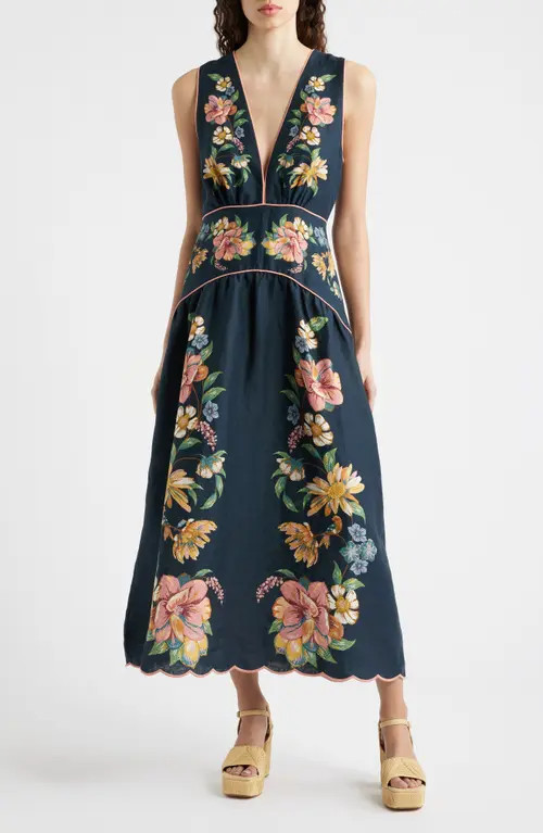 FARM Rio Maria Floral Jacquard Linen Dress in Maira Floral Dark Blue at Nordstrom, Size Small | Nordstrom
