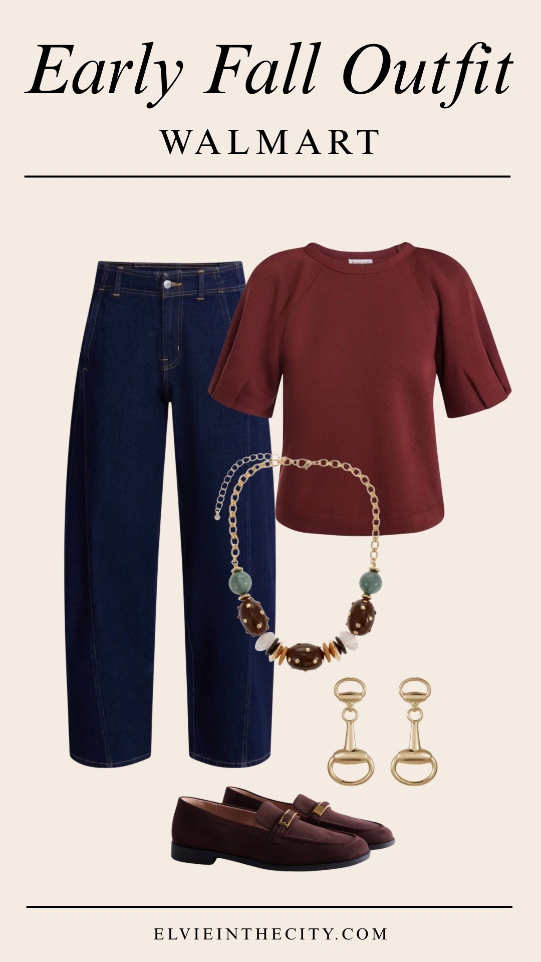 This early fall outfit from Walmart includes a fleece top, blue barrel jeans, horse-bit drop earrings, a beaded necklace, and brown buckle loafers


Walmart outfit, fall outfit, Walmart fall finds, over 50, midlife women

#LTKSeasonal #LTKOver40 #LTKPetite