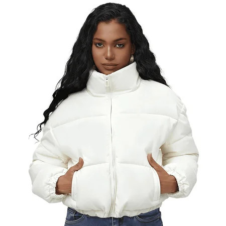 Women's white Cropped Puffer Jacket Fashion Winter Warm Quilted Coat | Walmart (US)