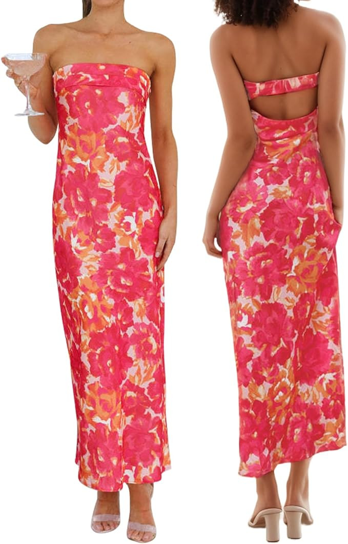 Women's Sexy Satin Tube Maxi Dress Elegant Silk Strapless Open Back Party Cocktail Wedding Guest ... | Amazon (US)