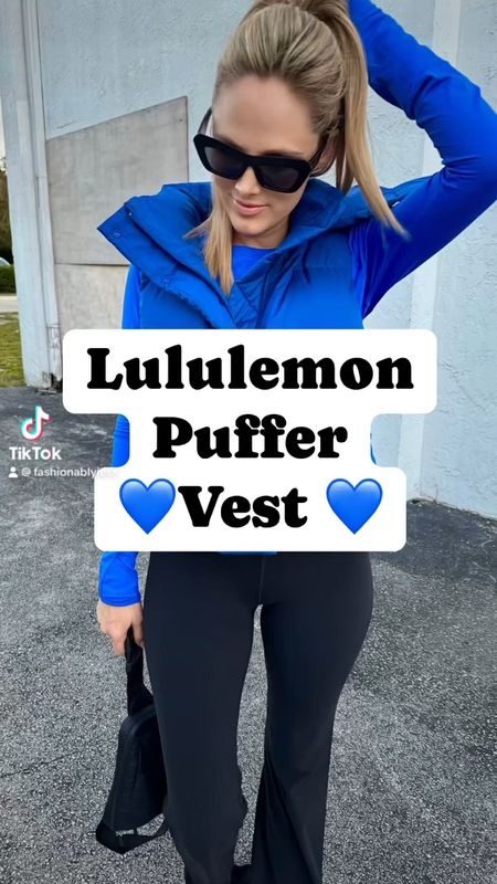 This Lululemon puffer vest blue is electric. It’s so beautiful wearing a size 4 just released favorite, high-rise flare, leggings, length, tear, wearing a size small.

#LTKfindsunder100 #LTKover40 #LTKVideo