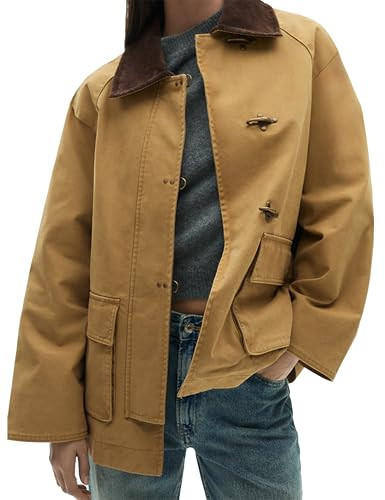Lumister Womens Oversized Barn Jacket Contrasting Lapel Collar Retro Button Down Casual Canvas Coat Outwear (0765-Khaki-S) | Amazon (US)