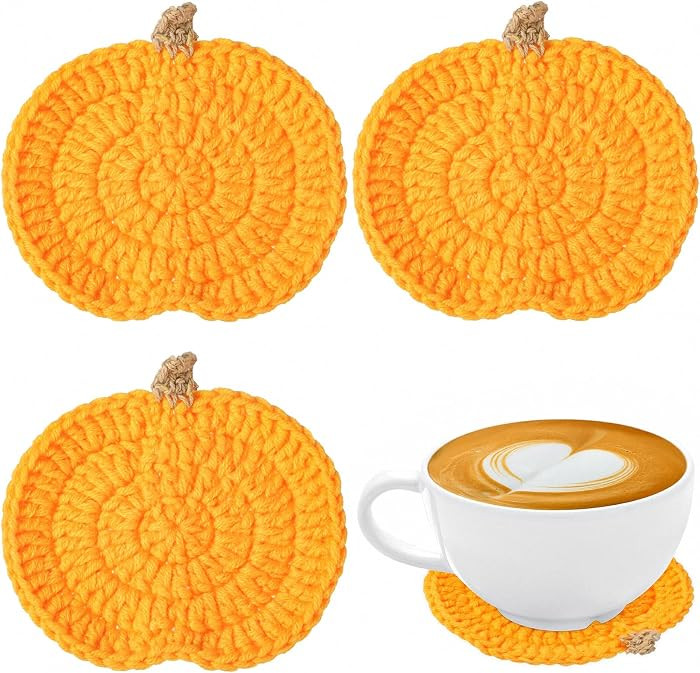 4 Pcs Crochet Pumpkins Coaster Handmade Knitted Drink Coaster Set Autumn Drink Cup Pad Mats Absor... | Amazon (US)