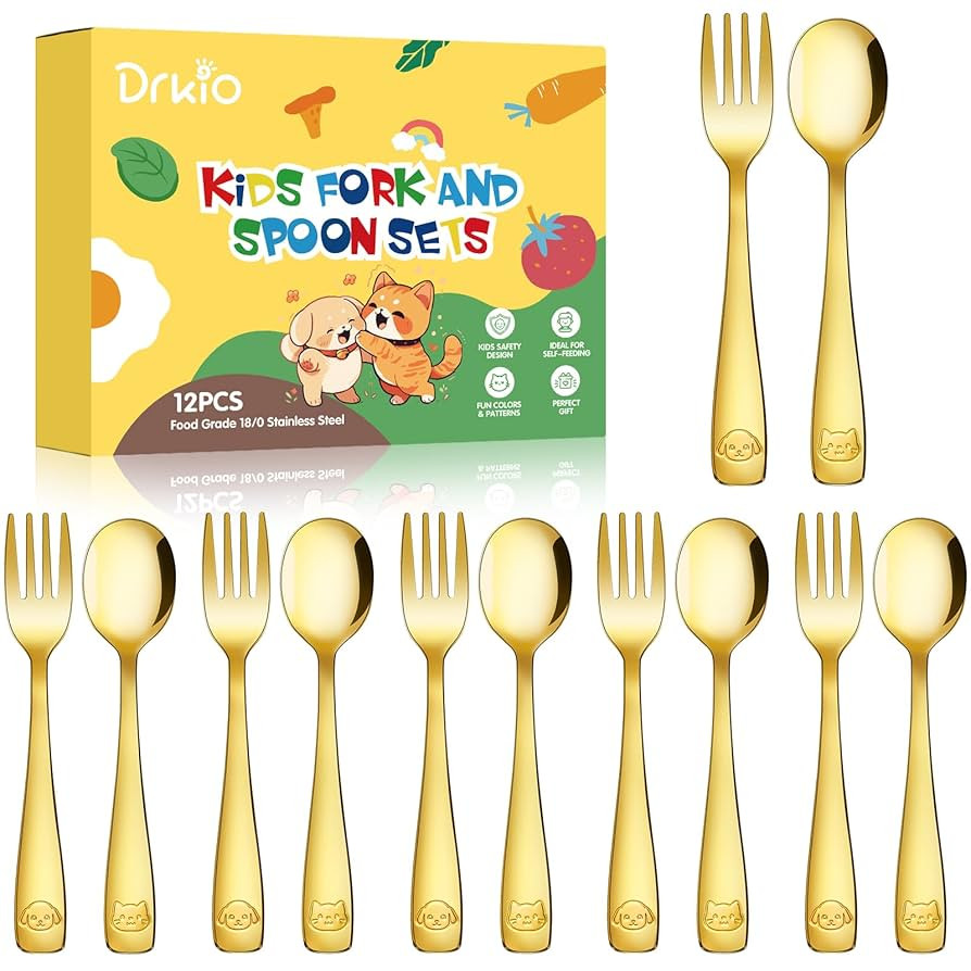 DRKIO Stainless Steel Toddler Utensils Set - 12 Pieces Kids Silverware Set Children Safe Food Gra... | Amazon (US)