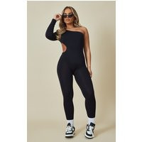 Black Structured Snatched Rib Cut Out One Shoulder Jumpsuit | PrettyLittleThing CAN