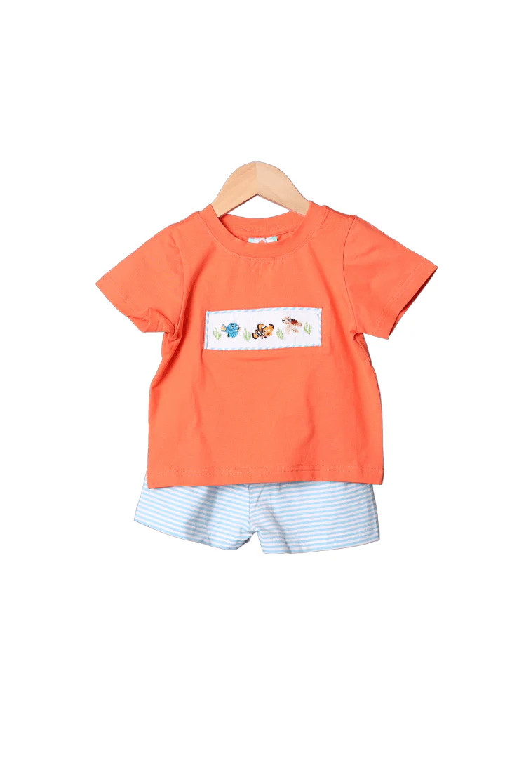 Smocked Sea Friends Blue Stripe/Coral Short Set | The Smocked Flamingo