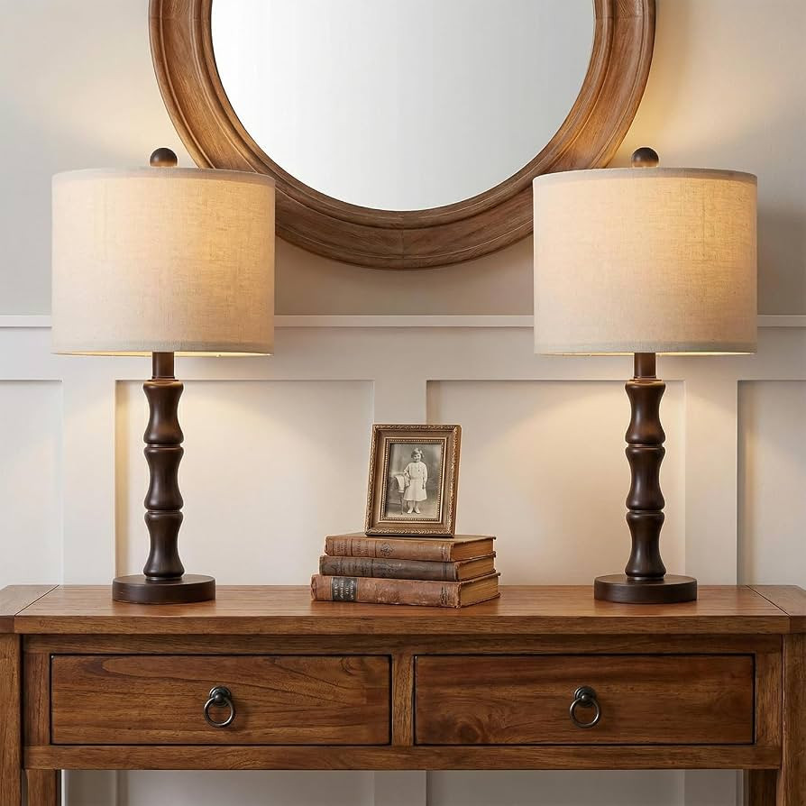 BOBOMOMO 20.5" Classic Table Lamps Set of 2, Farmhouse Nightstand Lamps with Dark Wood Grain Resi... | Amazon (US)