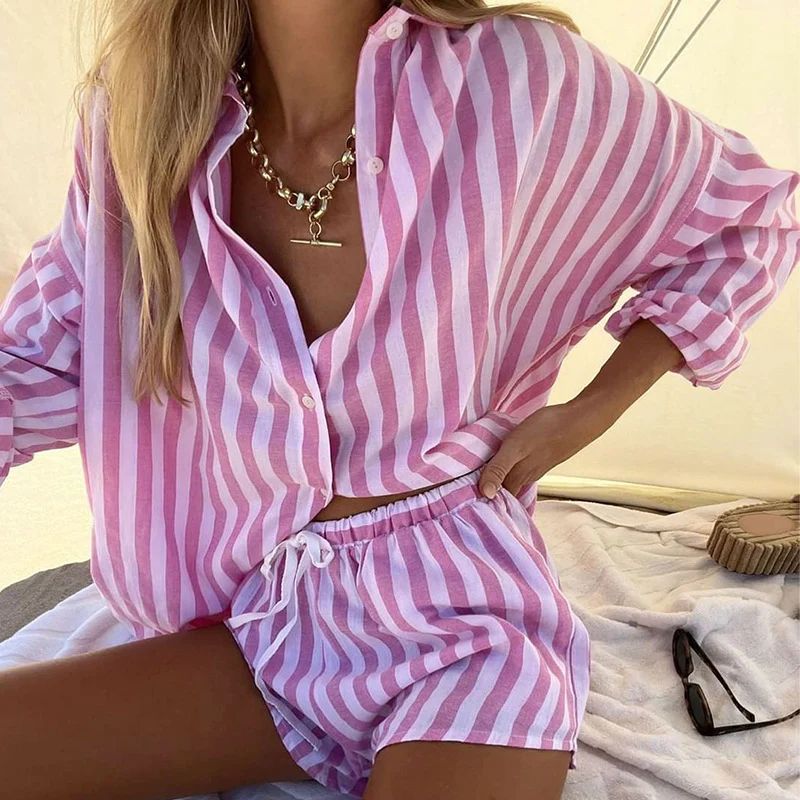 Pink Roman Stripe Two-Piece Shirt Set | Goodnight Macaroon