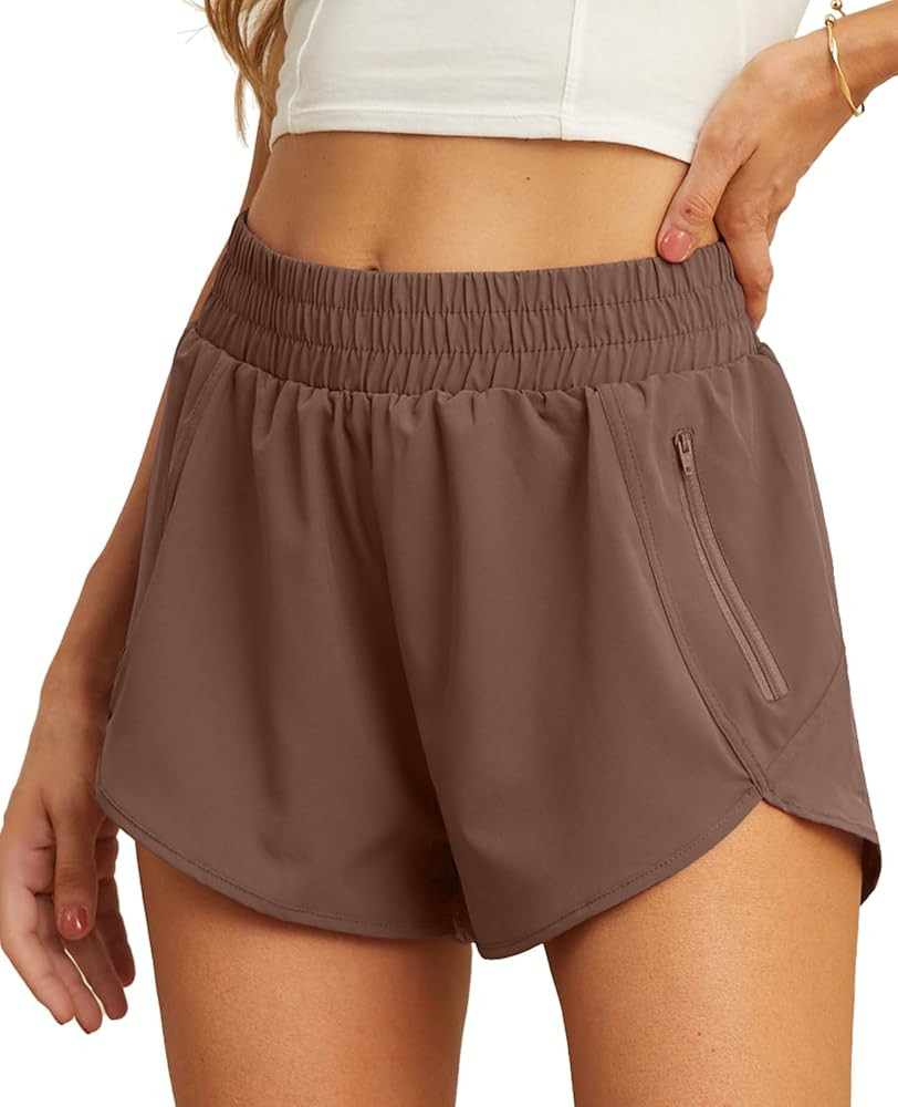 PrinStory Women's Running Shorts Summer High Waisted Quick Dry Athletic Work Out Gym Zipper Pocke... | Amazon (US)