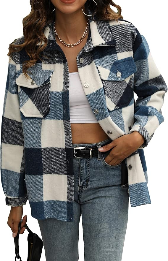 Tanming Womens Brushed Flannel Plaid Lapel Button Short Pocketed Shacket Shirts Coats | Amazon (US)