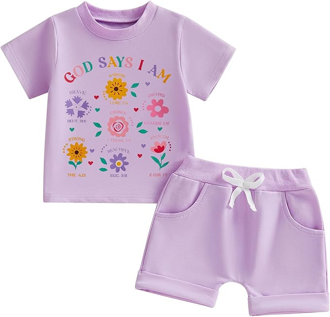 Fernvia Toddler Baby Girl Summer Clothes Floral Letters Print Short Sleeve T-Shirt Tops Solid Sho... | Amazon (US)