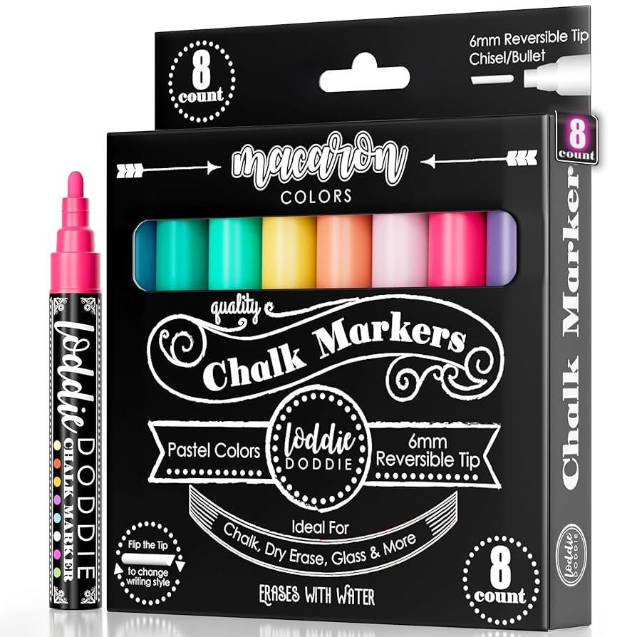 Loddie Doddie Liquid Chalk Markers - 8 Count, 6mm Reversible Chisel & Bullet Tips - Erasable Maca... | Amazon (US)