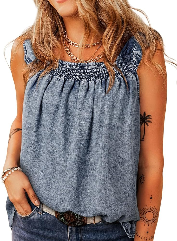 Women's Sleeveless Denim Tops Pleated Ruffled Jean Tank Summer Retro Loose Cami Blouse Shirts | Amazon (US)