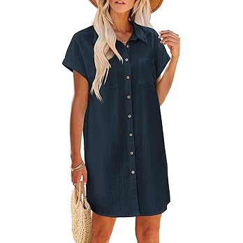 Zeagoo Summer Dresses for Women 2026 Cotton Button Down Short Sleeve Tshirt Dresses Casual Mini B... | Amazon (US)